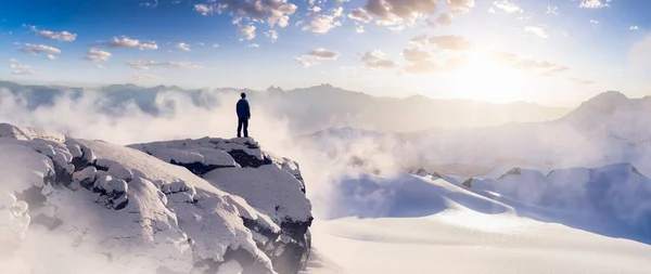 Adventurous Man Hiker Standing Top Icy Peak Rocky Mountains Background — Stock Photo, Image
