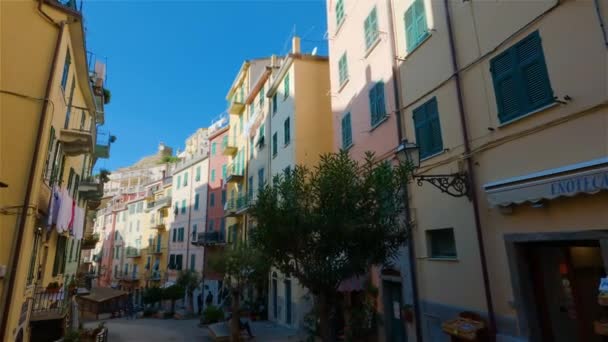 Riomaggiore Italy November 2022 Street Restaurants Colorful Apartment Homes Touristic — Video Stock