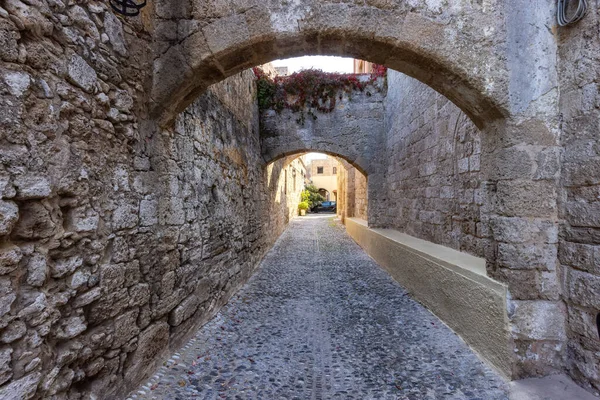Streets and Residential Homes in the historic Old Town of Rhodes, Greece. Sunny Morning.