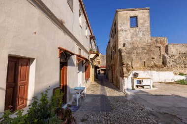 Streets and Residential Homes in the historic Old Town of Rhodes, Greece. Sunny Morning.