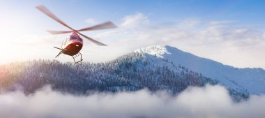 Helicopter flying over the Rocky Mountains during a colorful sunset. Landscape from BC, Canada near Squamish and Whistler. Epic Adventure Composite. 3D Rendering Heli.