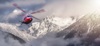 Helicopter flying over the Rocky Mountains in cloudy winter day. Landscape from BC, Canada near Squamish and Whistler. Epic Adventure Composite. 3D Rendering Heli.