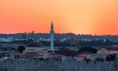 Mosque in Historic Old Town in City on the Mediterranean Sea, Rhodes, Greece. Sunset