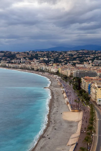 Sandy Beach Historic City Nice France View Castle Hill Cloudy — Stock Photo, Image