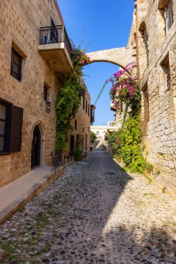 Streets and Residential Homes in the historic Old Town of Rhodes, Greece. Sunny Morning.