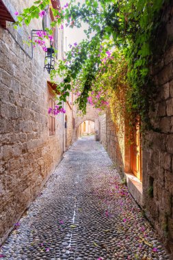 Streets and Residential Homes in the historic Old Town of Rhodes, Greece. Sunny Morning.