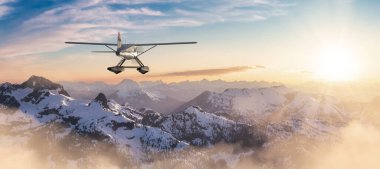 Seaplane flying over the Rocky Mountains during a colorful sunset. Aerial Landscape from BC, Canada near Squamish and Vancouver. Epic Adventure Composite. 3D Rendering Airplane