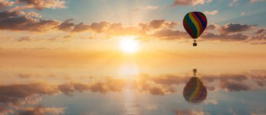 Hot Air Balloon Flying over the Calm Water. Dramatic Sunset Sky. 3d Rendering. Adventure Travel Concept
