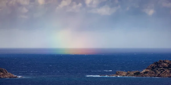 Rocky Coast Sea Colorful Rainbow Sky Sardinia Italy Nature Background — Fotografia de Stock