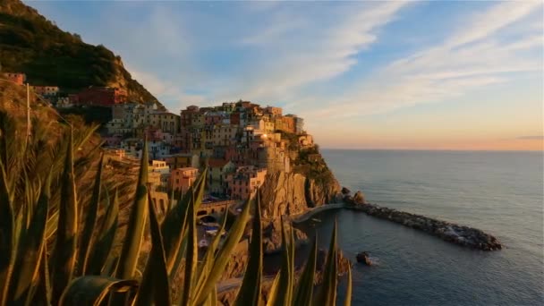 Small Touristic Town Coast Manarola Italy Cinque Terre Colorful Sunny — Stockvideo