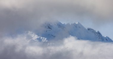 Tantalus Range covered in Snow and Clouds during Winter Season. Near Whistler and Squamish, British Columbia, Canada. Nature Background