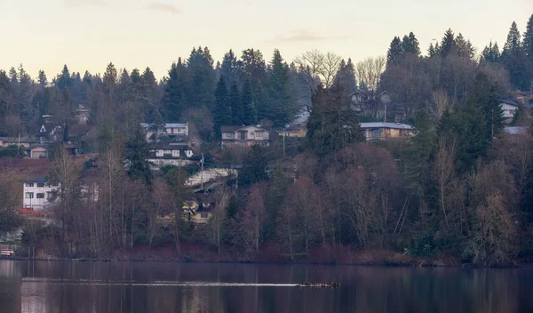 Residential Homes by the water in Metrotown Area. Taken in Deer Lake, Burnaby, Vancouver, BC, Canada. Sunset