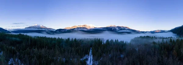 Zielone Drzewa Lesie Mgłą Górami Zimowy Sunny Sunrise Kanadyjski Krajobraz — Zdjęcie stockowe
