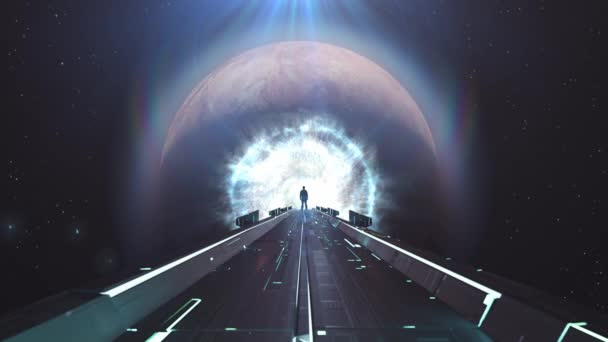 Σκοτεινή Αφηρημένη Διαδρομή Sci Διάστημα Και Τον Πλανήτη Στο Παρασκήνιο — Αρχείο Βίντεο