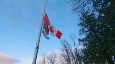 Canadian National Flag in the Wind. Blue Sunset Sky. Stanley Park, Downtown Vancouver, British Columbia, Canada. Slow Motion Cinematic