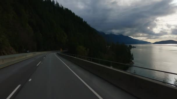 Driving Sea Sky Highway Squamish Vancouver Canada Cloudy Winter Sunset — Stock Video