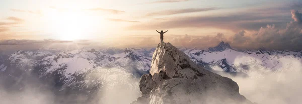Adult Adventurous Woman Standing Top Snow Peak Winter Wonderland Rendering — Stock Photo, Image
