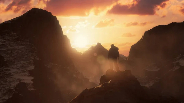 ロッキーマウンテン風景の上にアドベンチャーマン 自然背景 日没時に曇りの空 3Dレンダリング — ストック写真