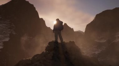 Adventure Man on top of Rocky Mountain Landscape. Nature Background. Cloudy Sky at Sunset. 3d Rendering.