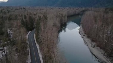 River, Mountains and Forest in Canadian Nature Landscape Background. Aerial View. Squamish Valley, British Columbia, Canada.