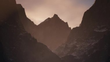 Rocky Mountain Peaks during golden sunset sky. 3d Rendering Artwork. Aerial View Background.