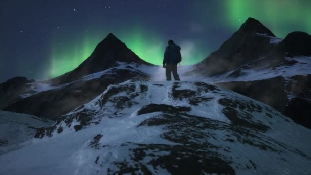 Adventure Man Top Rocky Mountain Landscape Nature Background Cloudy Sky — Video