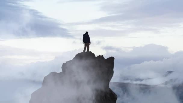 Adventurous Man Hiker Standing Top Peak Rocky Mountain Background Adventure — Stock Video