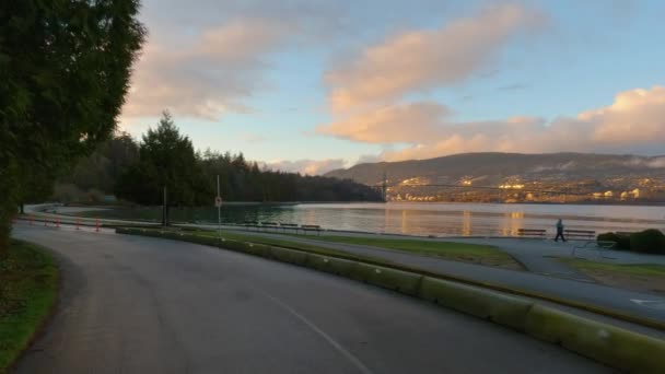 Conducir Stanley Park Durante Atardecer Invierno Centro Vancouver Columbia Británica — Vídeos de Stock