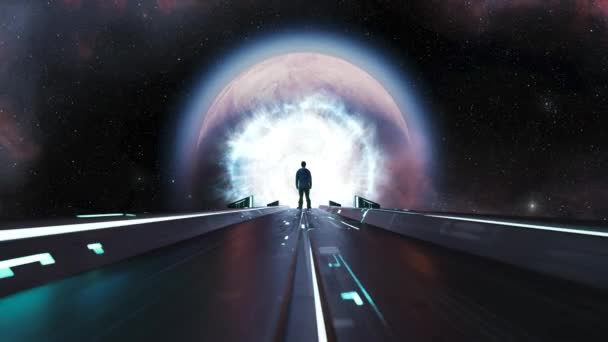 黑暗抽象Sci Fi路径与外太空和行星为背景 男人站在明亮的光带和传送门 3D渲染艺术品 — 图库视频影像