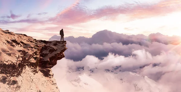 Adventurous Man Hiker Standing Top Icy Peak Rocky Mountains Background — Fotografia de Stock