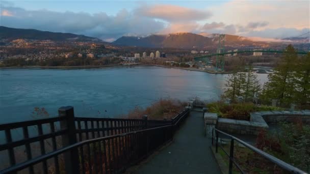 Stanley Park Viewpoint Colorful Winter Sunset Downtown Vancouver British Columbia — Stock video