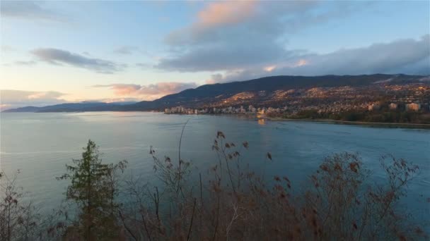 Stanley Park Viewpoint Colorful Winter Sunset Downtown Vancouver British Columbia — Stock Video