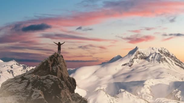 Adventurous Woman Hiker Standing Top Icy Peak Rocky Mountains Background — Stock Video