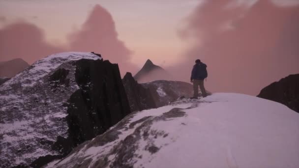 Adventure Man Top Rocky Mountain Landscape Nature Background Cloudy Sky — Video