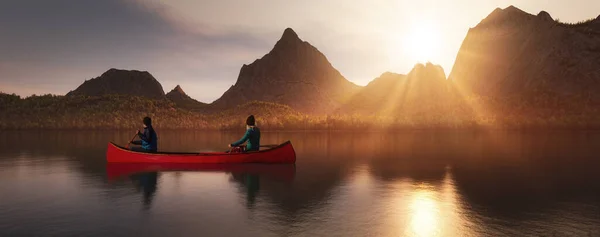 Couple adventurous people on red canoe paddling in calm water. Sunny and Foggy Atmosphere. 3d Rendering Mountain Landscape. Adventure Sport Concept