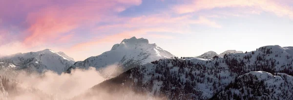 Flygfoto Från Flygplan Snötäckta Kanadensiska Mountain Landskap Vinter Färgglada Pink — Stockfoto