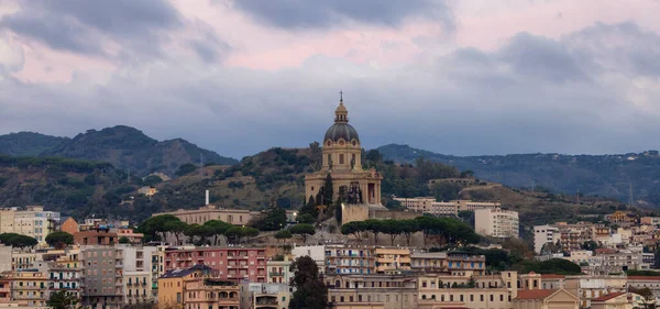 stock image Homes and Apartment Buildings in a touristic city Messina, Sicilia, Italy. Cloudy Sunrise Sky. Aerial