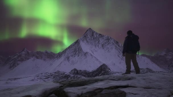 Adventure Man Top Rocky Mountain Landscape Nature Background Cloudy Sky — Stock Video
