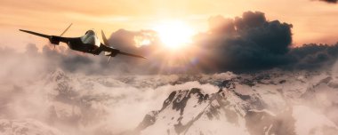Askeri Savaş Jeti dağın tepelerinde uçuyor. 3D Rending Aircraft. British Columbia, Kanada 'dan havadan manzara.
