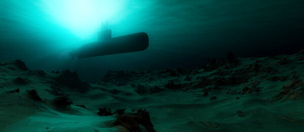 Underwater Deep Ocean Scene with Military Submarine. 3d Rendering Artwork.