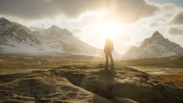 ロッキーマウンテンの風景を見て冒険男 自然背景 日の出に曇りの空 3Dレンダリング — ストック写真