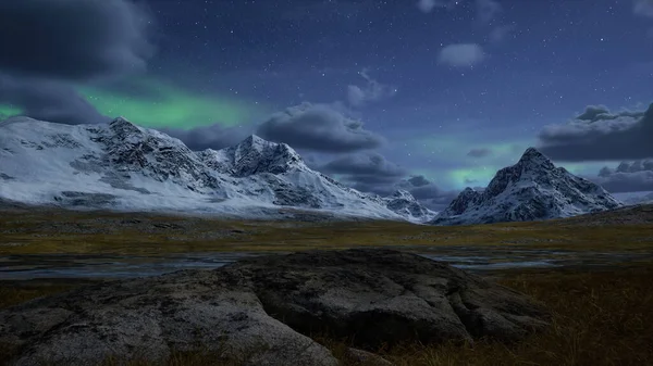 Paisaje Montaña Rocosa Por Noche Con Estrellas Auroras Boreales Cielo —  Fotos de Stock