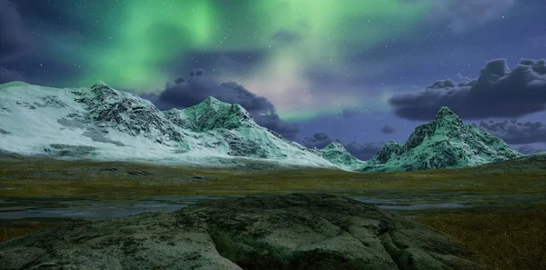 Rocky Mountain Landskap Natten Med Stjärnor Och Norrsken Himlen Konvertering — Stockfoto