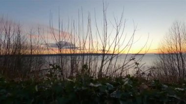 Stanley Park 'taki Ocean View kış günbatımında. Vancouver şehir merkezi, British Columbia, Kanada. Macera Yolculuğu. Yavaş Sinema Sineması