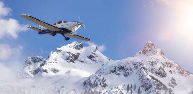 Kar altında, Sky Pilot Dağı yakınlarında uçan küçük bir uçak. Macera 3d Hazırlama Uçağı. Kanada Peyzaj Doğa Arkaplanı. Squamish, BC, Kanada.