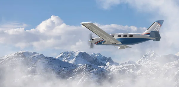 Small Airplane flying near Mountains covered in Snow. Adventure 3d Rendering Plane. Canadian Landscape Nature Background. Squamish, BC, Canada.