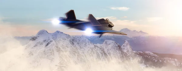 stock image Military Fighter Jet flying over the mountain peaks. 3d Rendering Aircraft. Aerial Landscape from British Columbia, Canada.