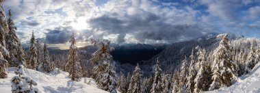 Kanada Dağ manzarası karla kaplıydı. Seymour Dağı, Kuzey Vancouver, British Columbia, Kanada. Doğa Arkaplan Panoraması