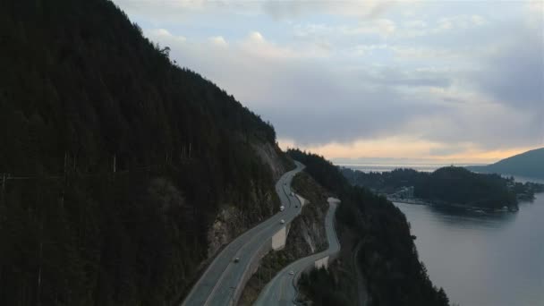 Vista Aérea Mar Para Sky Highway Howe Sound Sunset Sky — Vídeo de Stock