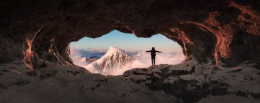 Adult Woman Hiker standing in a rocky cave. Dramatic Colorful Sunset. 3d rendering Artwork. Aerial Background Landscape Image from British Columbia, Canada. Adventure Concept clipart